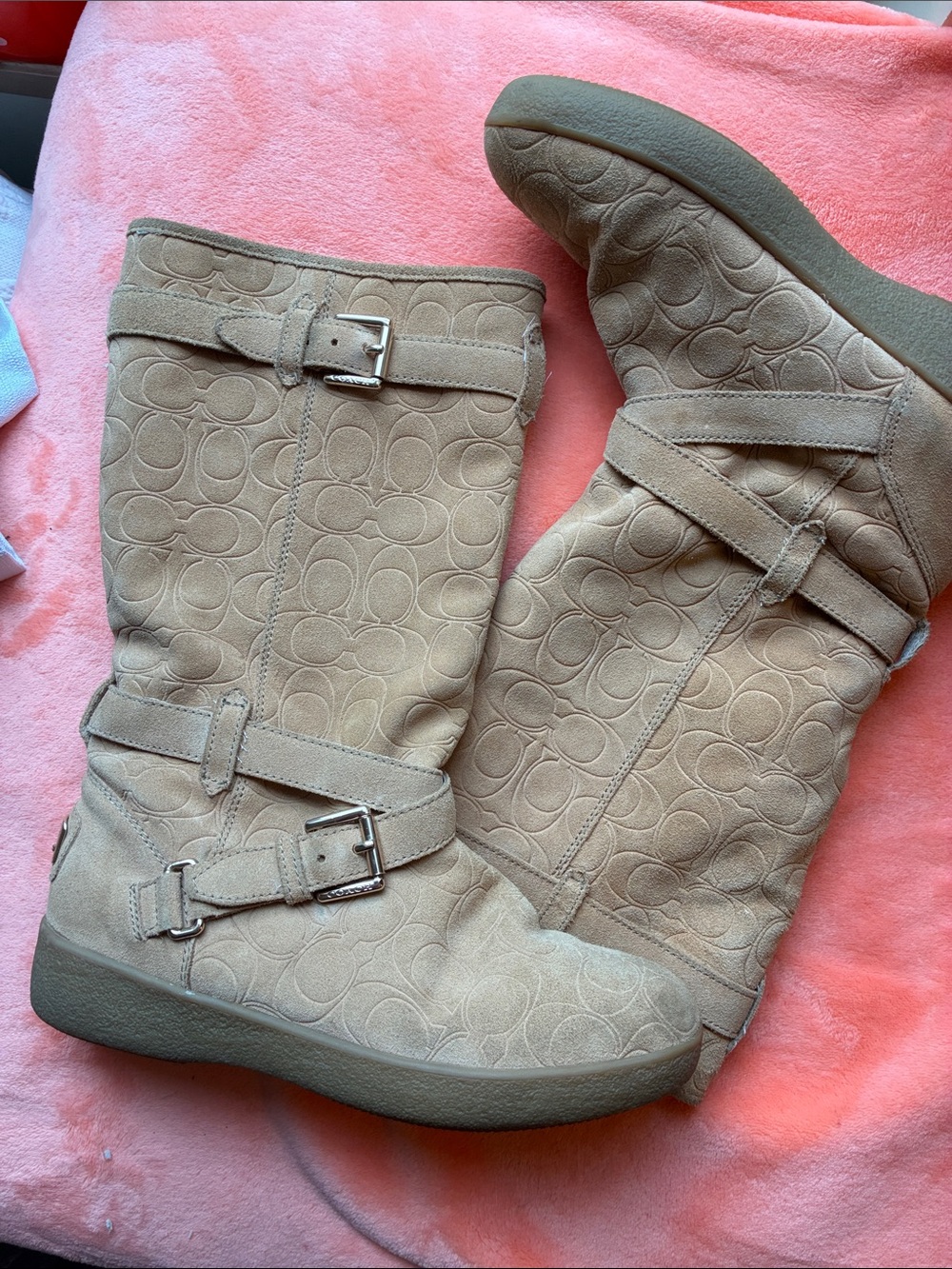 Coach Tan Suede Mid-Calf Embossed Logo-Thelma Boots- Size 8